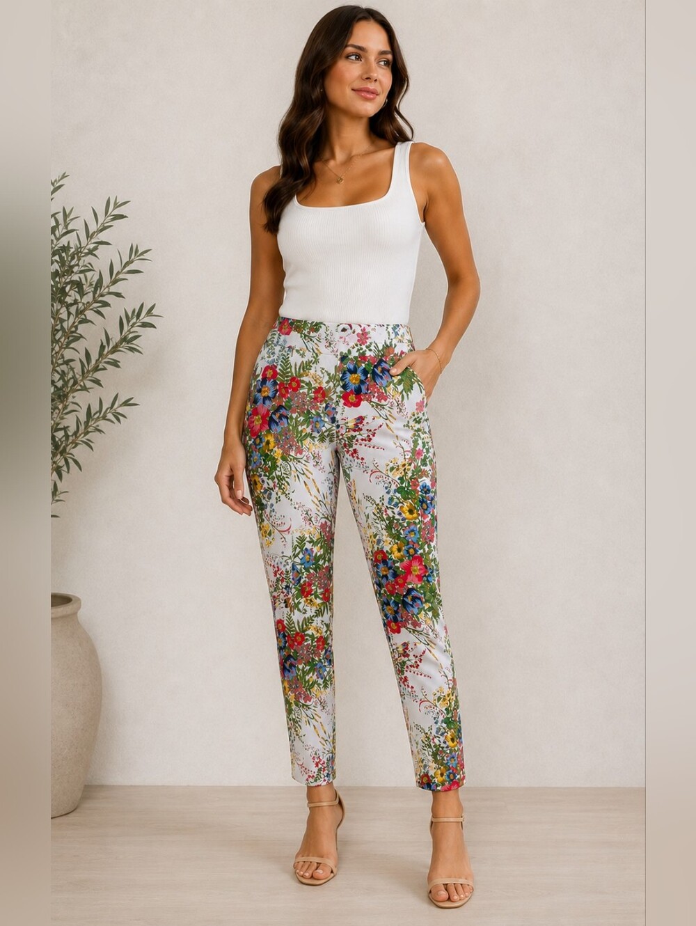 Joseph Ribkoff Floral Cotton Lycra Stretch Slim Skinny Ankle Pants Women’s